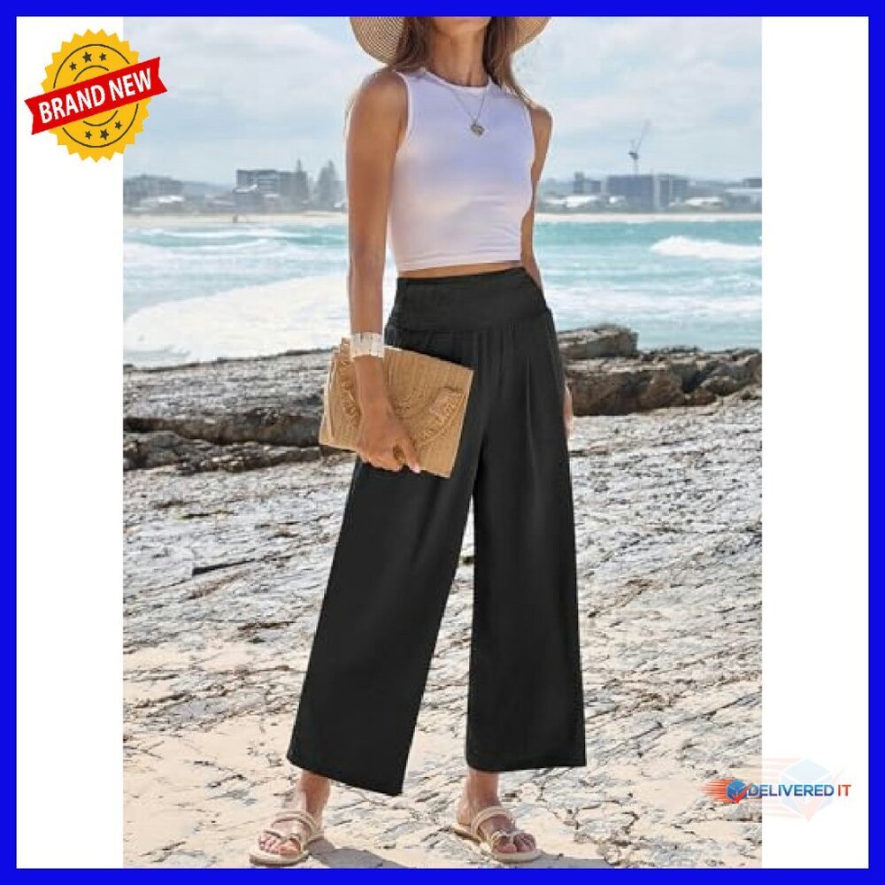 Wide Leg Palazzo Pants High Waisted Flowy Casual Trousers with Pockets - Picture 4 of 8